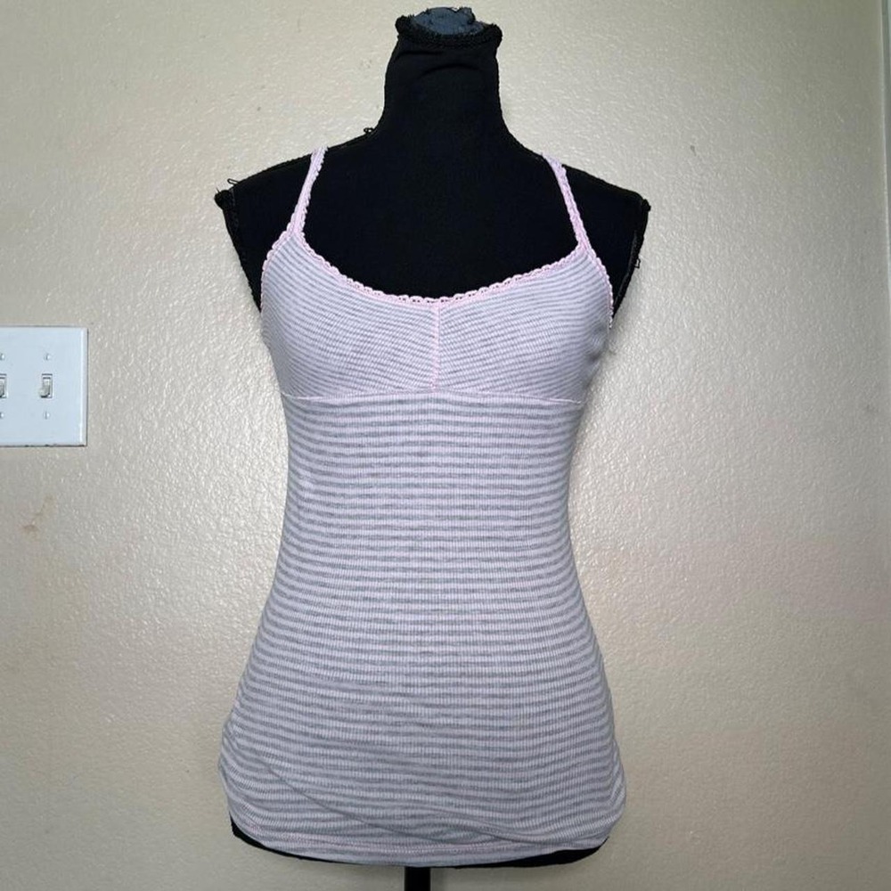 One Step Up Y2K Pink Grey Striped Lace Trim Cami Top Small